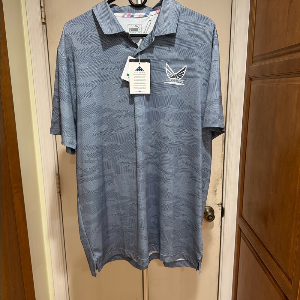 Puma Blue Volition America Dry Cell Mens L Golf Polo Blue/White Striped Pattern